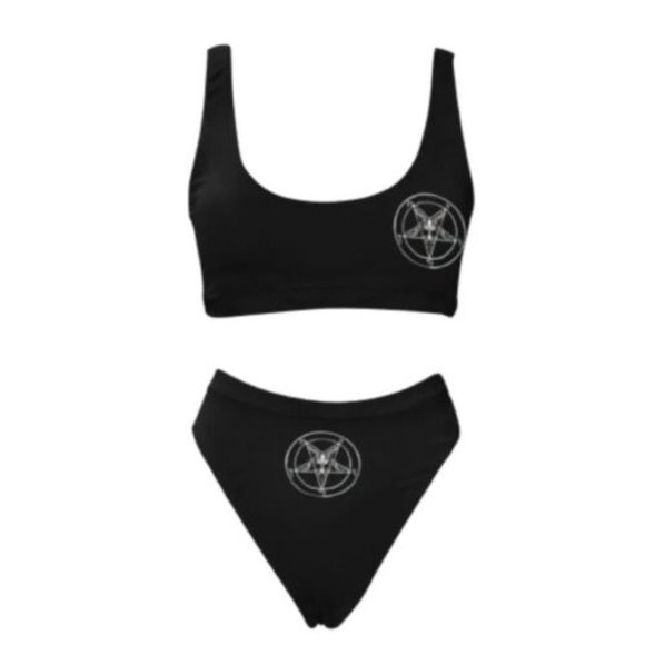 Baphomet 666 Satanic Tank Swim Top Cheeky Bottoms Bikini Swimsuit 3X Black White - Picture 7 of 15